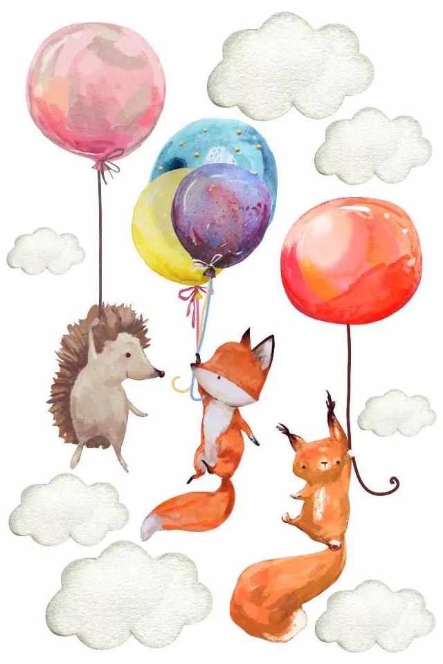 Gario Detská nálepka na stenu Zvieratká s balónmi, líška, ježko a veverička