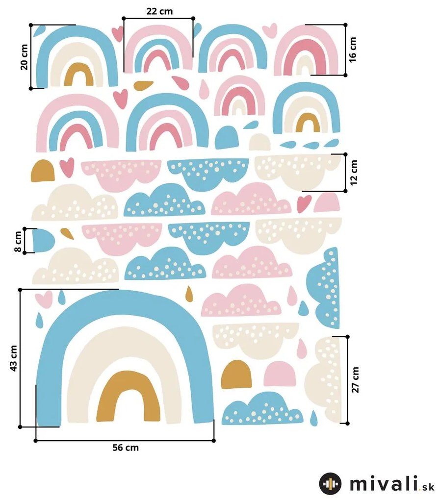 Samolepky na stenu - Dúhy a mráčiky ružové