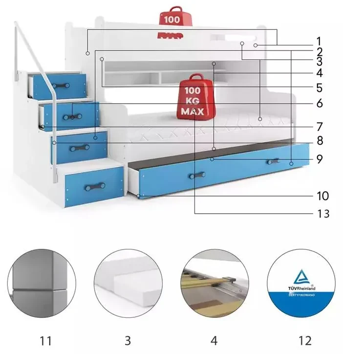 Poschodová posteľ MAX 3 rozšírená 200x120 biela - modrá