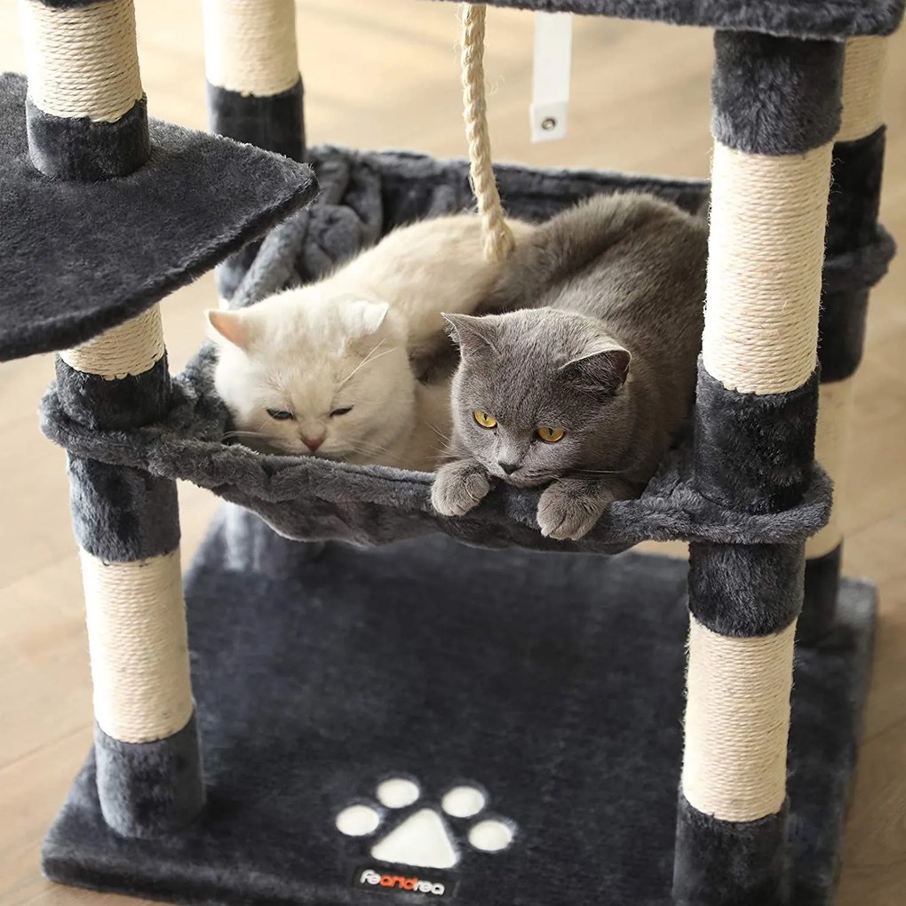 Škrabadlo pre mačky, mačací strom, 2 plyšové lôžka, 143 cm, dymovo šedý