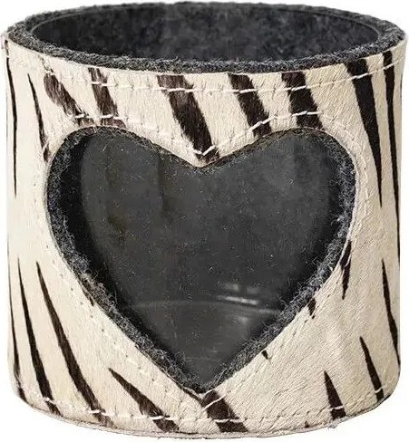 Svietnik so srdcom zdobený kožou so vzorom Zebra - 11,5*11,5*10,5cm