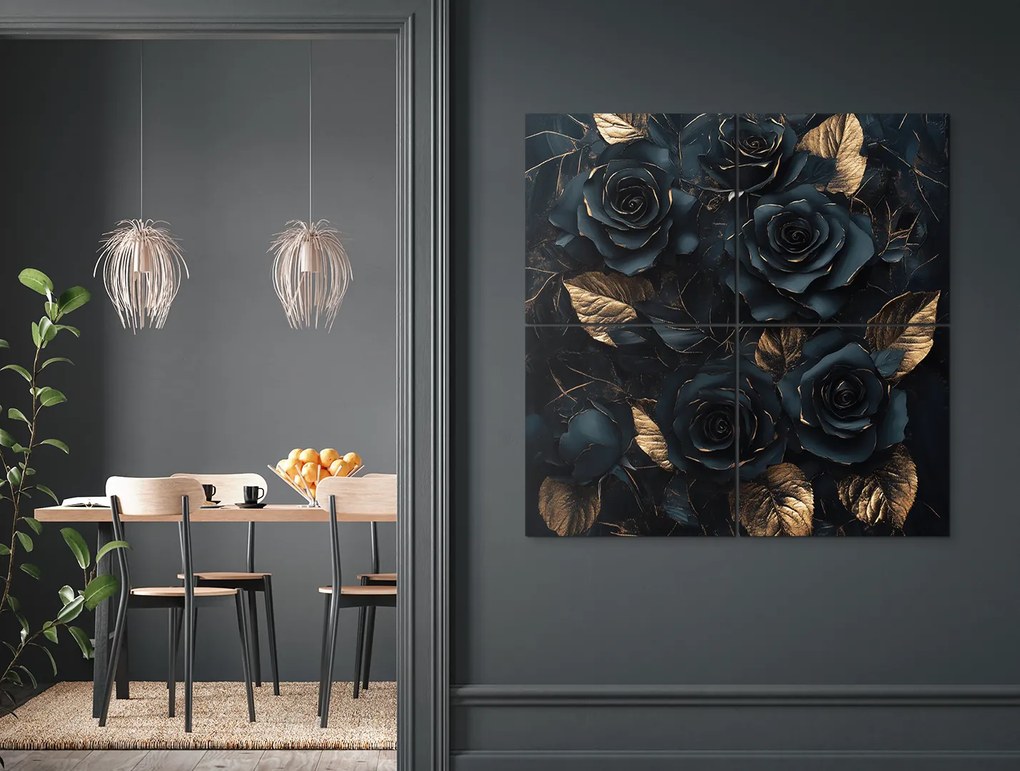 drevko | Štvordielny obraz Zlatý tieň ruží 100 x 100 cm