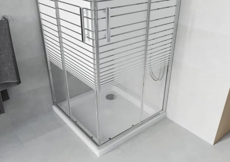 Mexen Rio štvorcová sprchová kabína 80 x 80 cm, biele pruhy, chróm + vanička Flat, biela - 860-080-080-01-20-4010