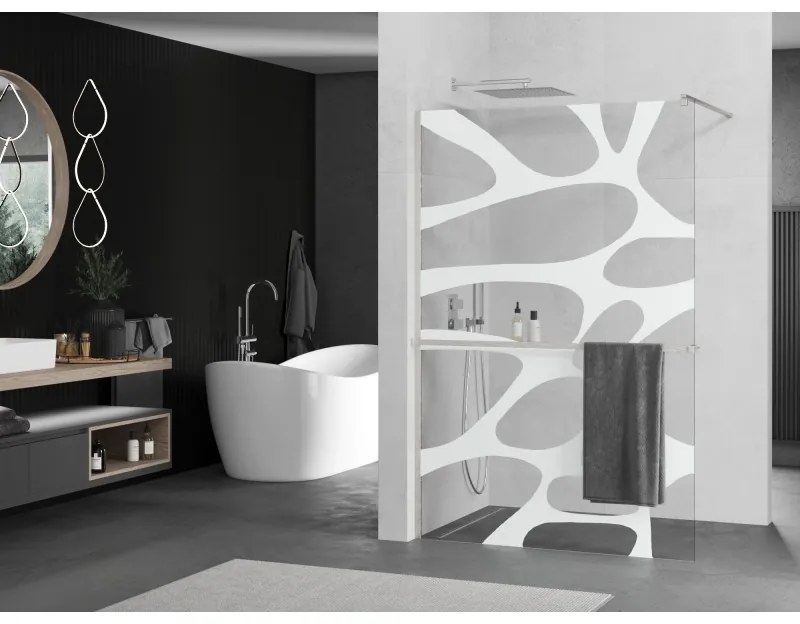 Mexen Kioto+, sprchová zástena Walk-In s poličkou a vešiakom 120 x 200 cm, 8mm číre sklo biely vzor, brúsená oceľ profil, 800-120-121-97-97