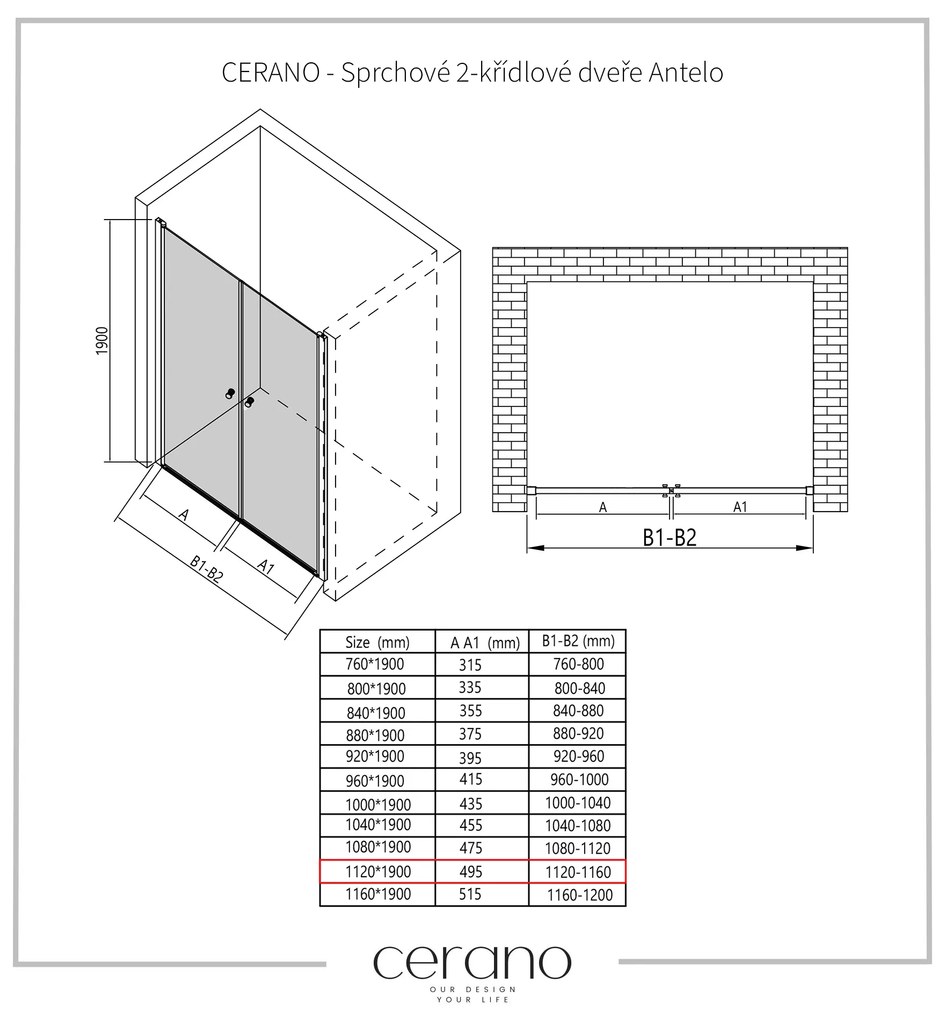 Cerano Antelo, 2-krídlové sprchové dvere 112x190 cm, 6mm číre sklo, čierny profil, CER-CER-432367
