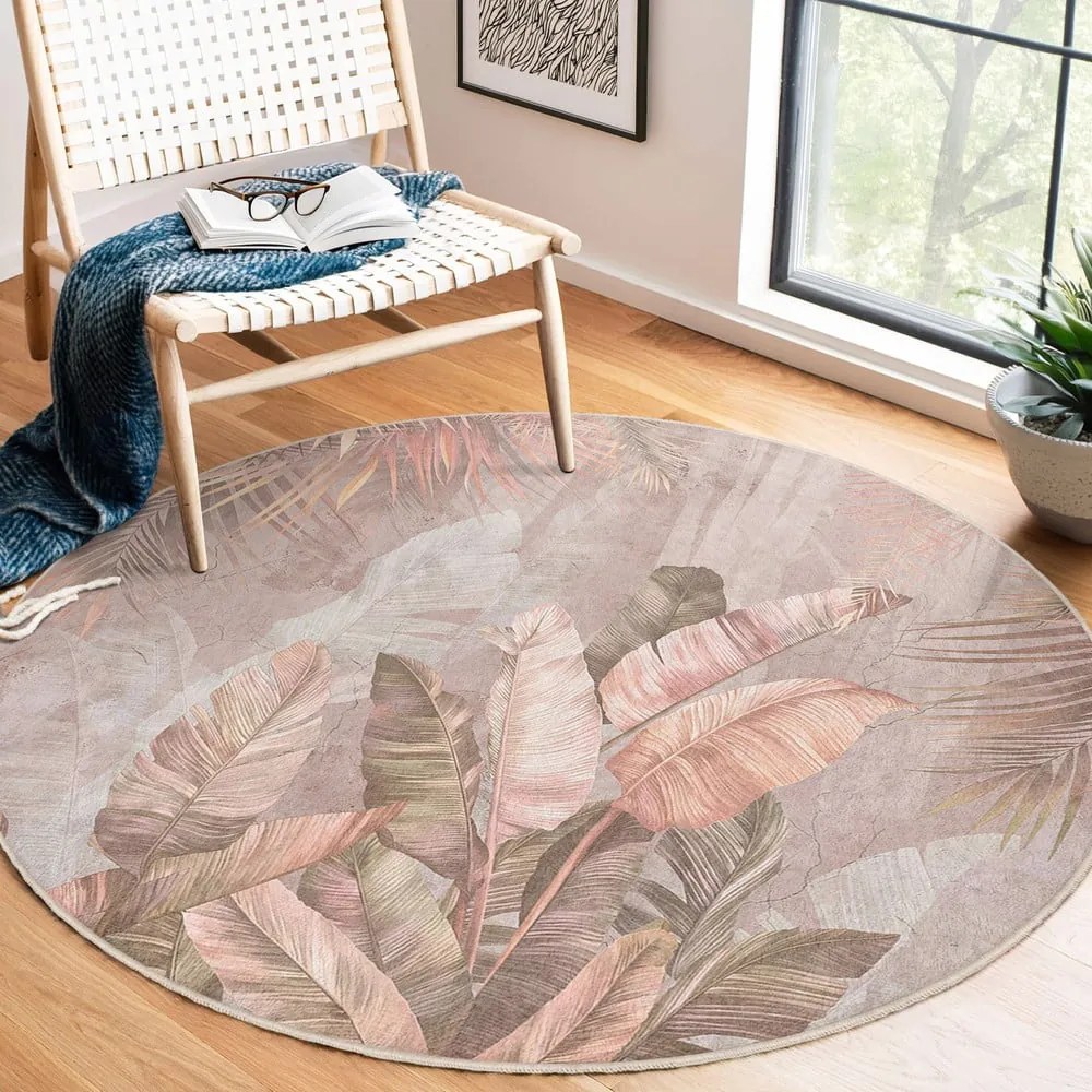 Svetloružový prateľný okrúhly koberec ø 150 cm Dusty Leaves – Mila Home