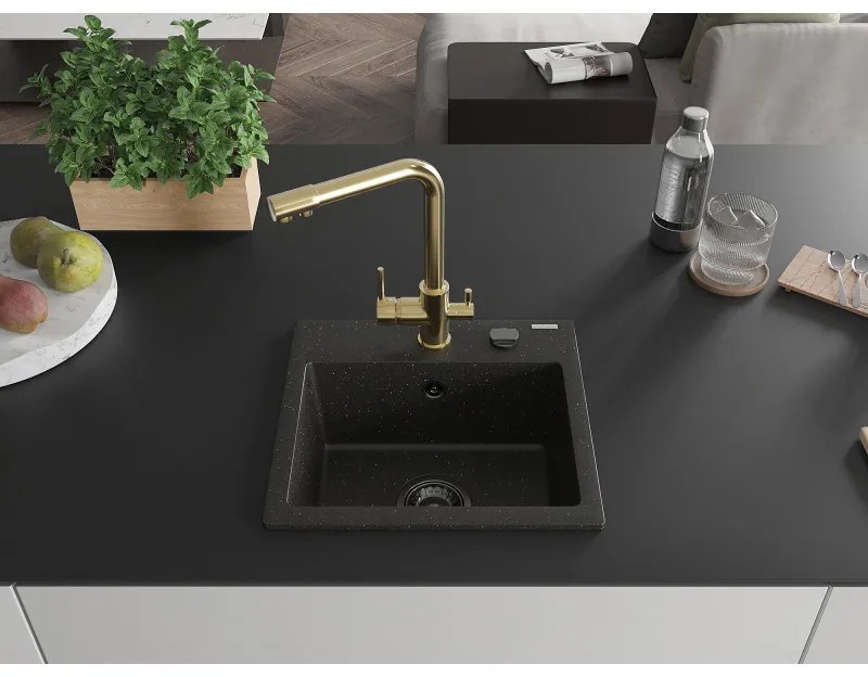 Mexen Milo, granitový drez 435x410x171 mm, 1-komorový a zlatá batéria Duero, čierna - zlatá metalíza, 6505-75-671600-50-B