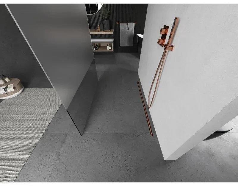 Mexen Kioto, sprchová zástena Walk-In 130 x 200 cm, 8mm číre sklo-námraza, medený matný profil, 800-130-002-65-35