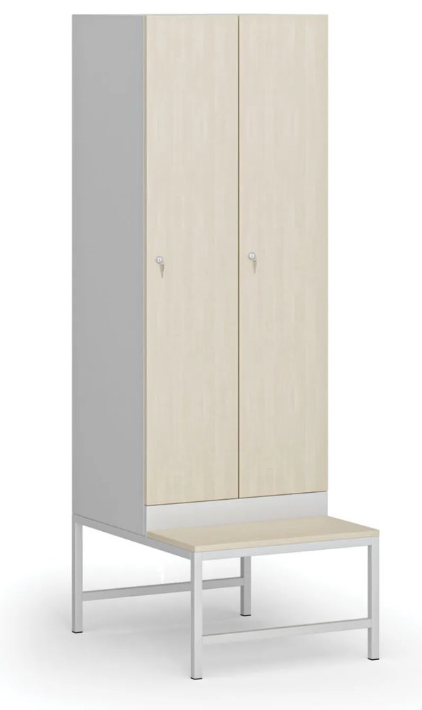 Šatníková skrinka S1 s lavičkou, 2 oddiely, 1875 x 600 x 500/800 mm, demont, cylindrický zámok, laminované dvere, breza