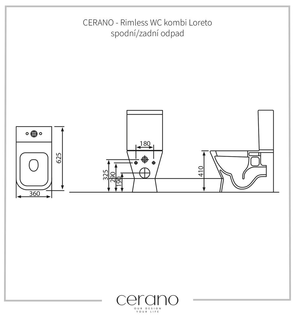 Cerano Loreto, WC kombi Rimless 62,5x36 cm, spodný/zadný odpad, biela lesklá, CER-CER-403428