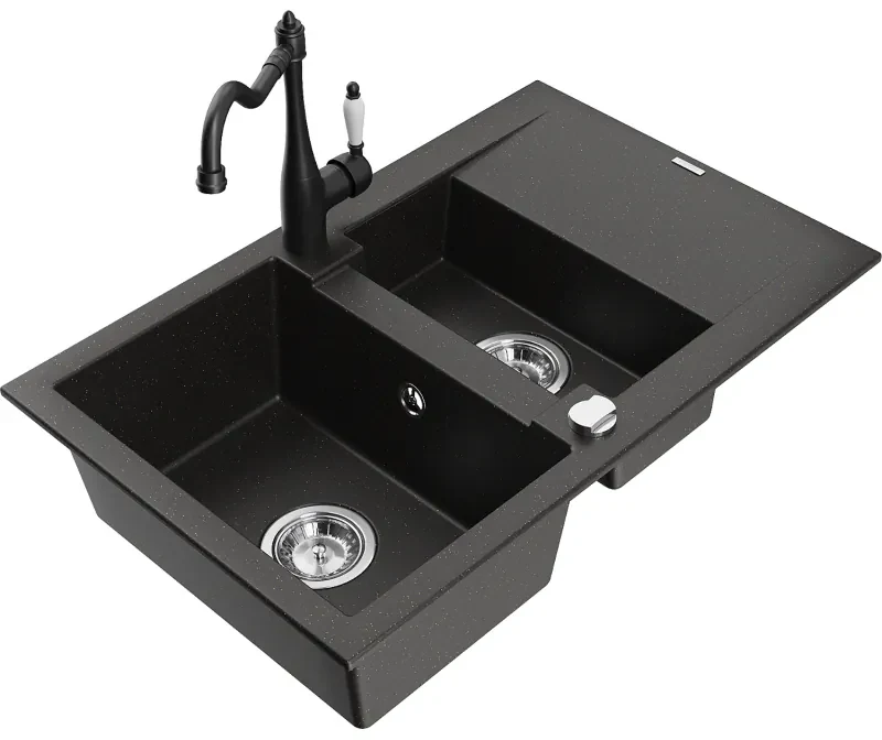 Mexen Gaspar, granitový drez 752x436x161 mm, 1,5-komorový a drezová batéria Carla, čierna-zlatá metalíza, 6507-75-670700-70