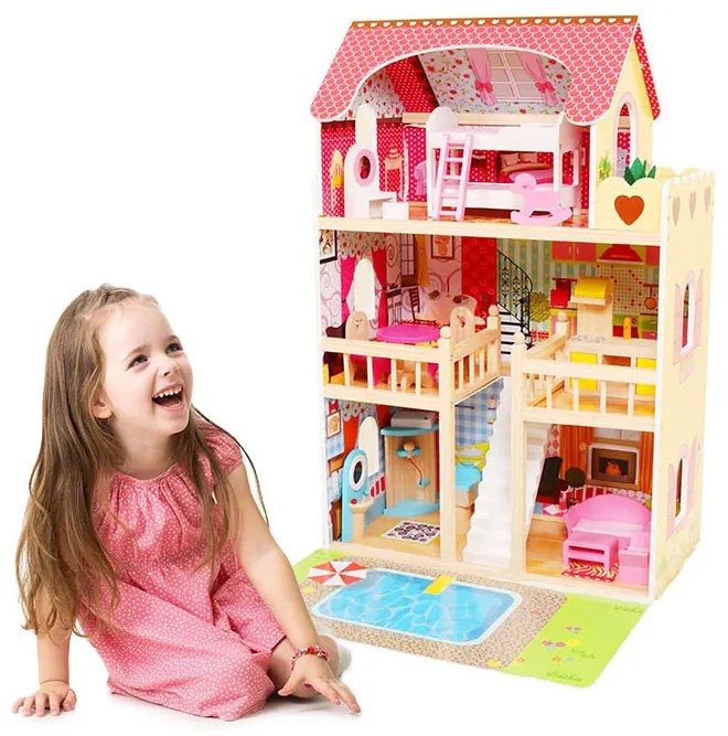 EcoToys Drevený domček pre bábiky s nábytkom a osvetlením