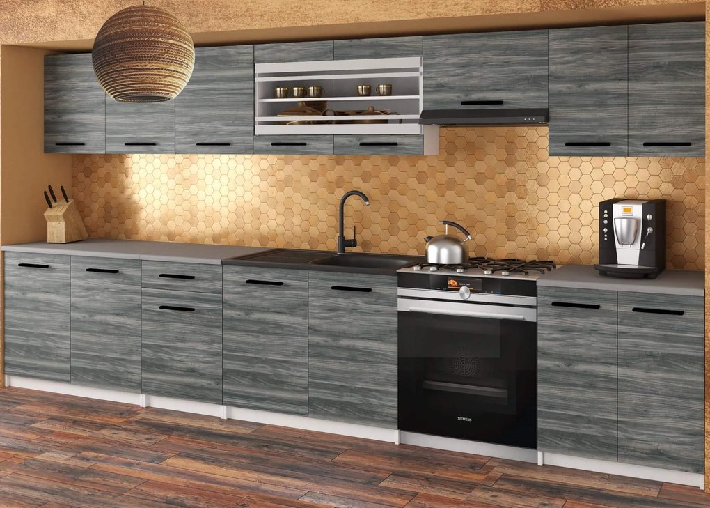 Kuchynská linka Belini 320 cm šedý antracit Glamour Wood s pracovnou doskou Julia TOR JULIA/4/WT/GW1/0/B1