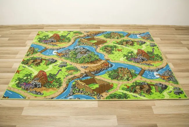Detský metrážny koberec Dino dedina dinosaurov