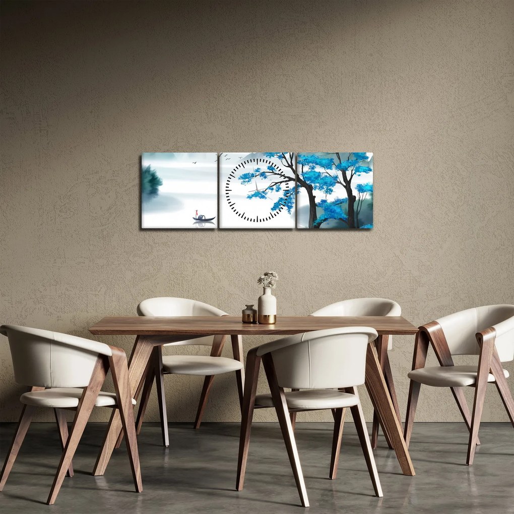 Obraz - Maľované jazero s loďkou (s hodinami) (90x30 cm)