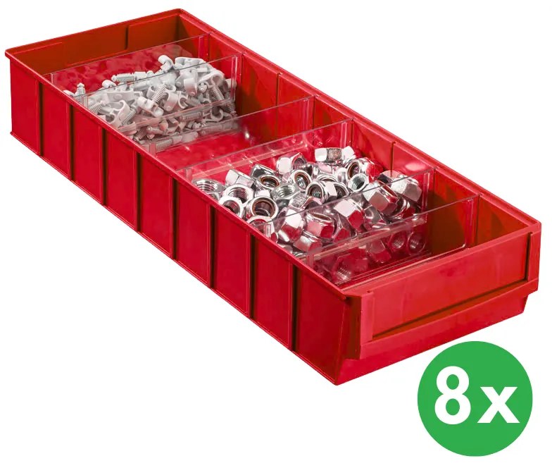Plastový regálový box ShelfBox typ F - 183 x 500 x 81 mm, 8 ks, červený