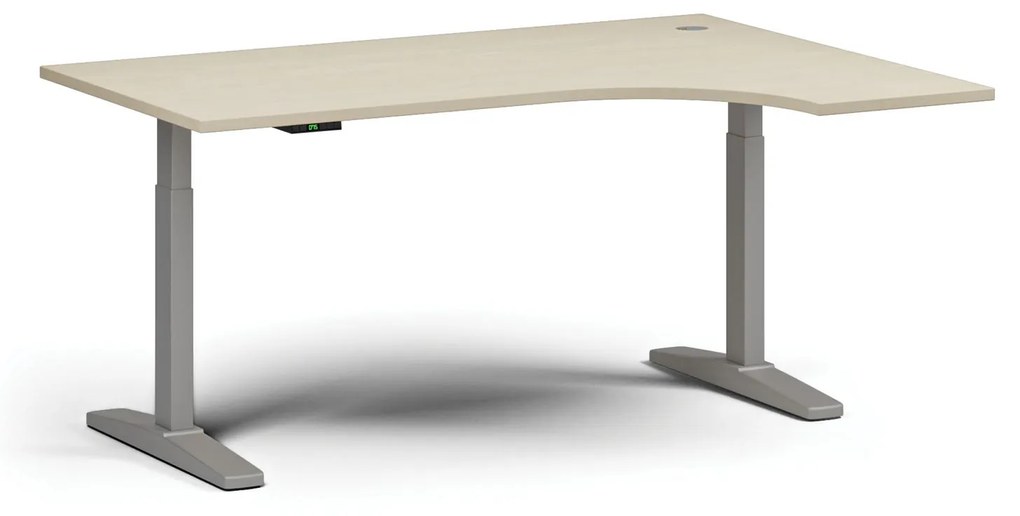 Výškovo nastaviteľný stôl, elektrický, 675-1325 mm, rohový pravý, doska 1600x1200 mm, sivá podnož, dub prírodný