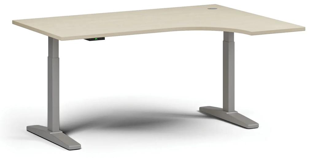 Výškovo nastaviteľný stôl, elektrický, 675-1325 mm, rohový pravý, doska 1600x1200 mm, sivá podnož, orech