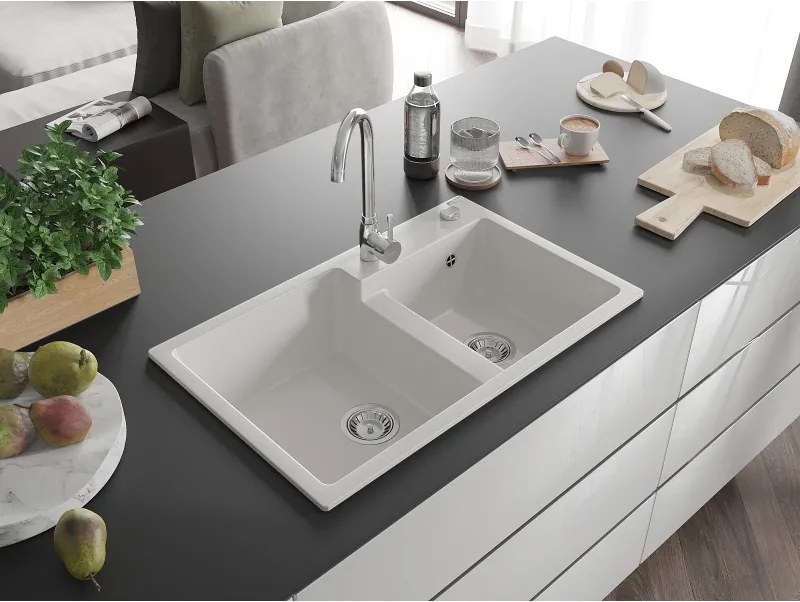 Mexen Tomas, granitový drez 800x500x190 mm, 2-komorový, biela, 6516802000-20