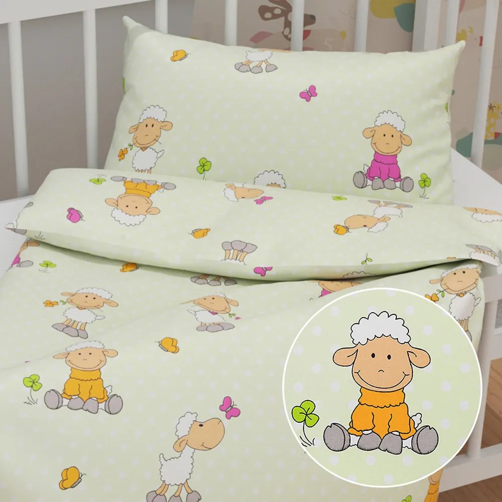 Biante Detské bavlnené posteľné obliečky do postieľky Sandra SA-729 Veselé ovečky na svetlo zelenom bodkovanom Do postieľky 90x130 a 40x60 cm