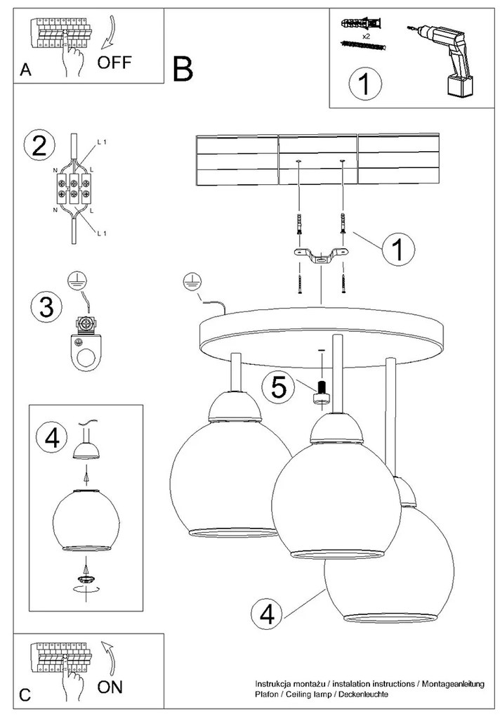 Stropné svietidlo Alino, 3x grafitové sklenené tienidlo