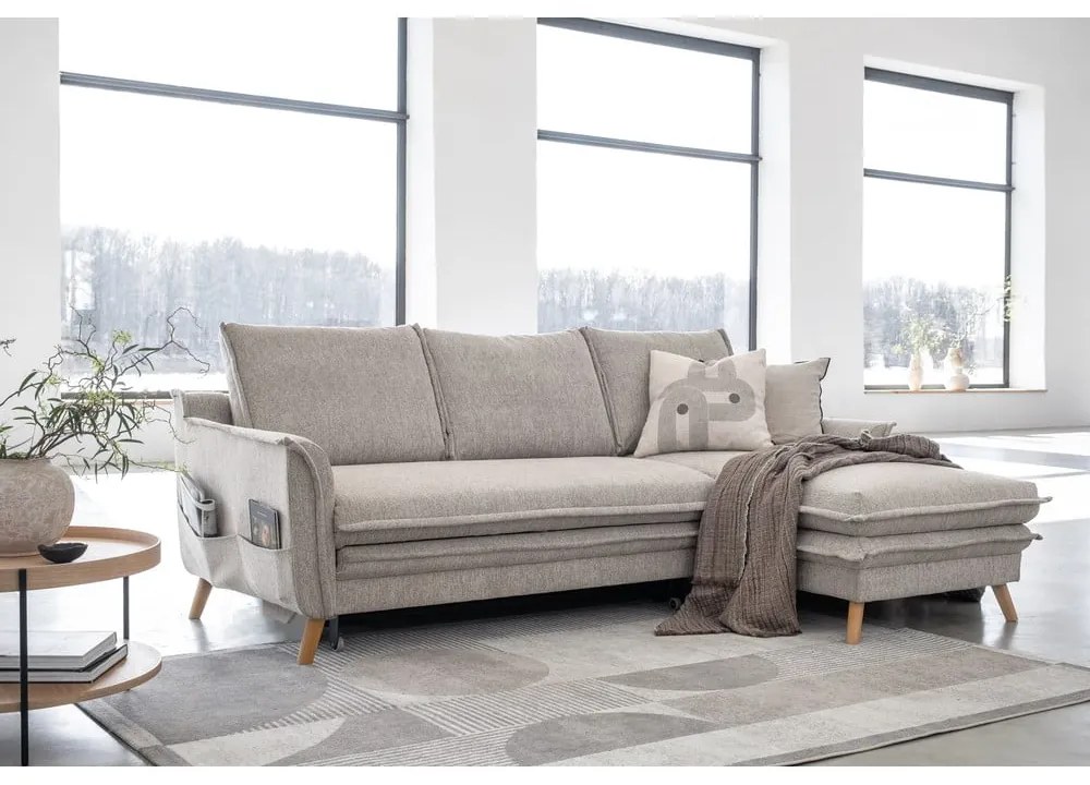 Sivobéžová rozkladacia/s úložným priestorom rohová pohovka (pravý roh/s leňoškou) Charming Charlie – Miuform