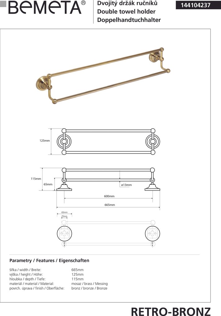 Bemeta Design RETRO bronz: Držiak uterákov, 600 mm, dvojitý - 144104237