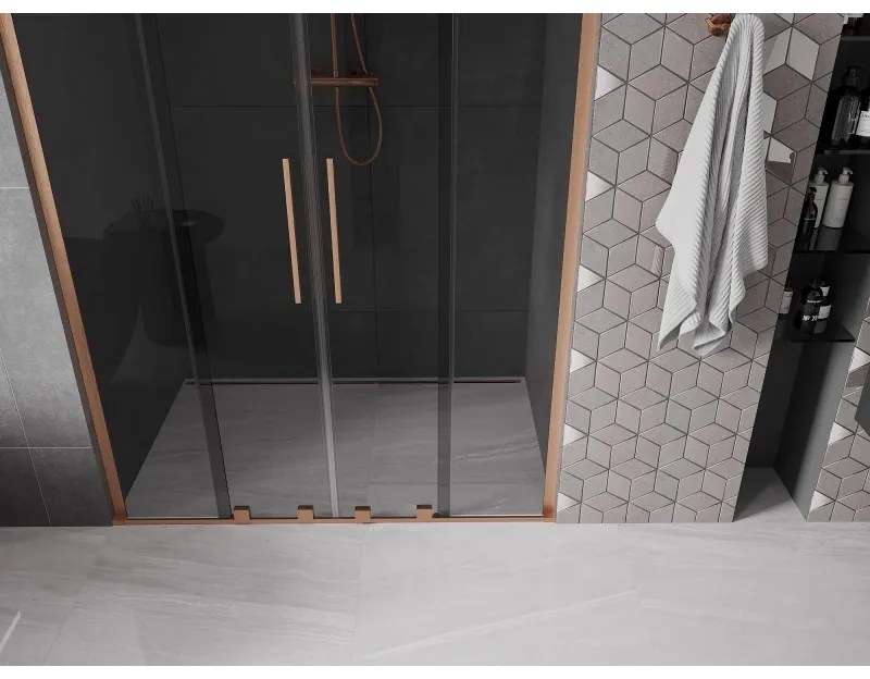 Mexen Velar L Duo, posuvné sprchové dvere do otvoru 160 cm, 8mm šedé sklo, medená matná, 871-160-003-42-65