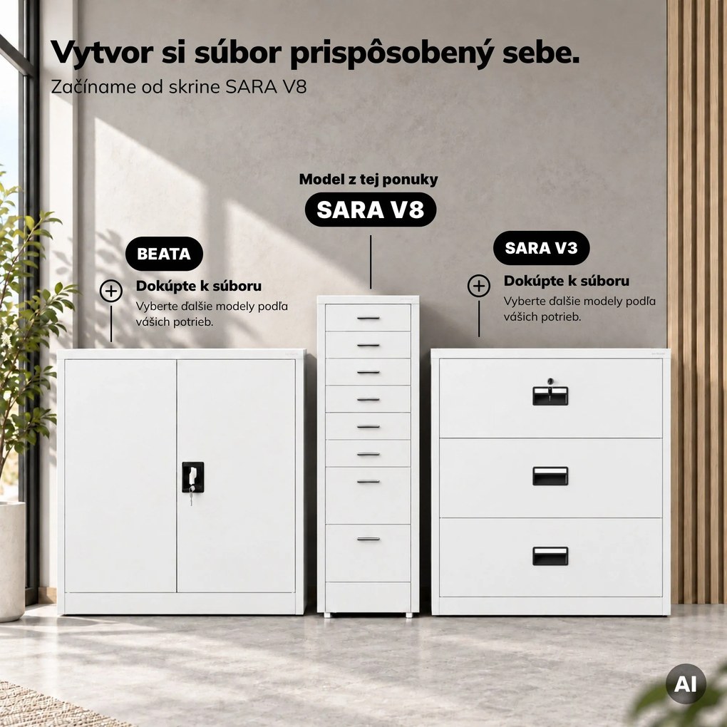 Kartotéková skrinka na kolieskach, kovová, 8 zásuviek, na dokumenty, biela, 300x1100x600 mm: SARA V8