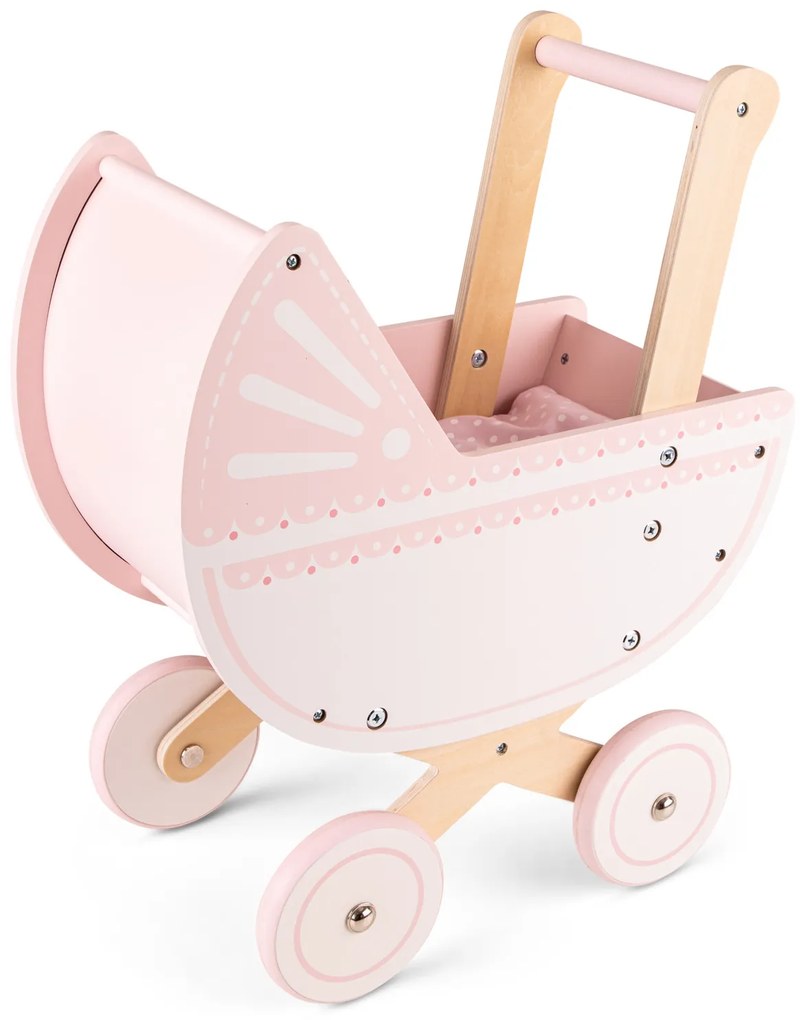 Drevený kočík pre bábiky vrátane perinky a vankúšika - ružový