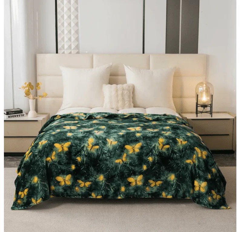 Mikroplyšová deka YELLOW BUTTERFLY, tmavozelená Rozmer: 160 x 200 cm