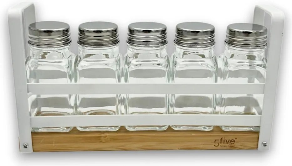 5Five® Sada 5 ks hranatých koreničiek v praktickom stojane BALM, biely kov, drevo, 21,8 x 5,2 x 12,6 cm