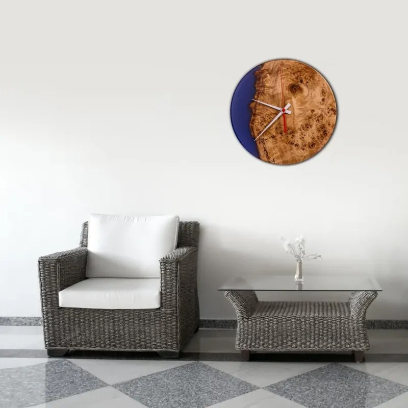 Drevené hodiny s epoxidovou živicou Ø 30CM - očkový topoľ, fialovomodrá