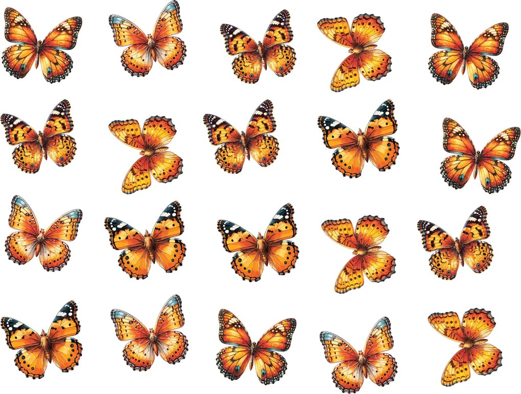Motýliky na stenu oranžová 20 ks textilní prelepiteľná samolepiaca dekorácia na stenu 20 ks šírka 6 cm