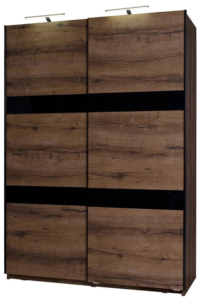 Skriňa Verdek SZ150 VD12, Farby: dub monastery / dub monastery + čierny lesk, Osvetlenie: osvetlenie LED, Systém tichého zatvárania: áno, Zrkadlo: áno