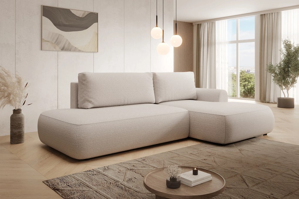 Rohová sedačka Lotulis L II s rozkladom pravostranná - krémová hydrofóbna pletenina Blur 01