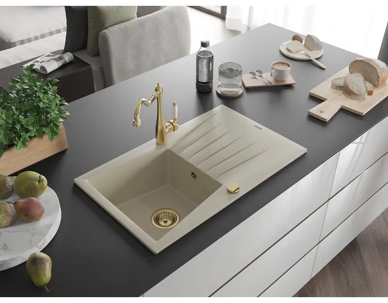 Mexen Cesar, 1-komorový granitový drez 775x470x190 mm a drezová batéria Carla, béžová, 6514-69-670700-50