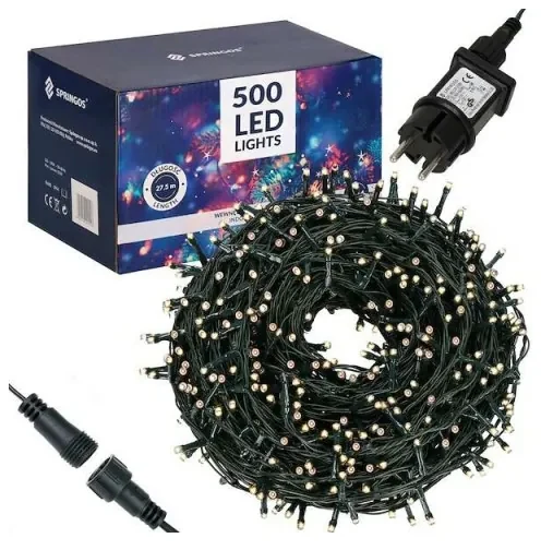 SPRINGOS LED svetelná reťaz - 27,5m, 500LED, 8 funkcií, IP44, teplá biela