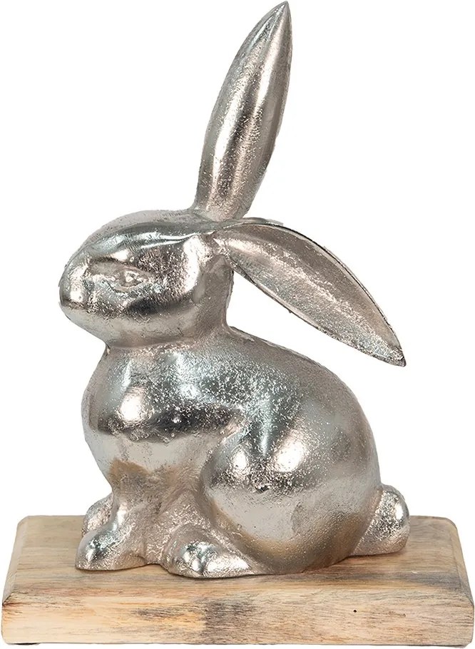 Dekorácia strieborný kovový králik na drevenom podstavci - 21*11*28 cm
