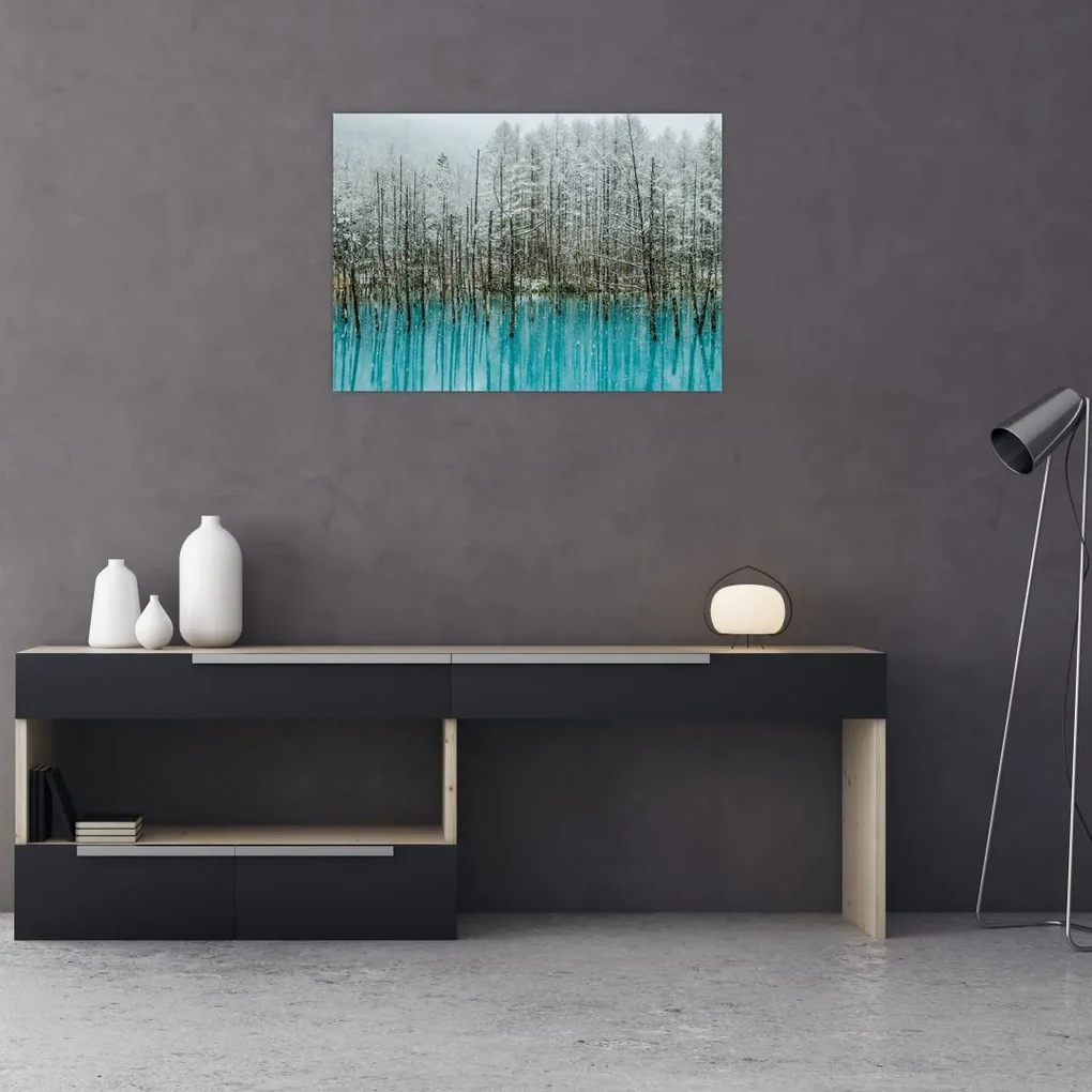 Sklenený obraz - Tyrkysový rybník, Biei, Japonsko (70x50 cm)