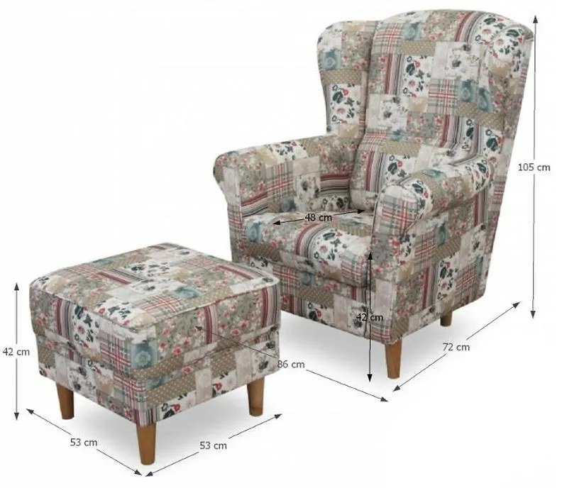 Kondela Kreslo, ušiak s taburetom, patchwork Viorica 1 látka, ASTRID