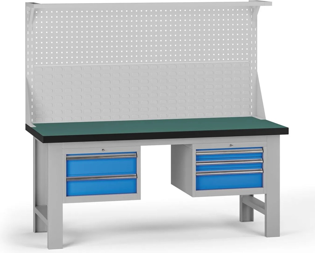 Pracovný stôl do dielne G8 s nadstavbou, 1800 x 750 x 800 mm, 2x kontejner, 5 zásuviek, modrá