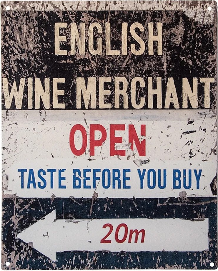 Čiernobiela antik nástenná kovová ceduľa English Wine Merchant - 20*1*25 cm