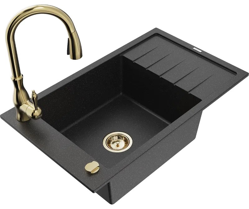 Mexen Elias, 1-komorový granitový drez 795x480x200 mm a drezová batéria Savita, čierna-strieborná metalíza, 6511-73-672601-50