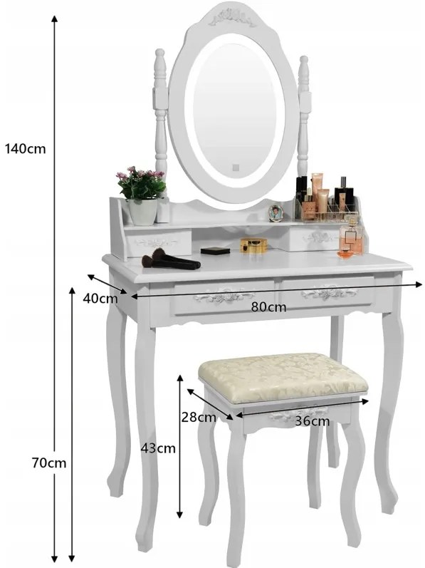 DomTextilu Vintage toaletný stolík s otočným zrkadlom s LED osvetlením 44987 Biela
