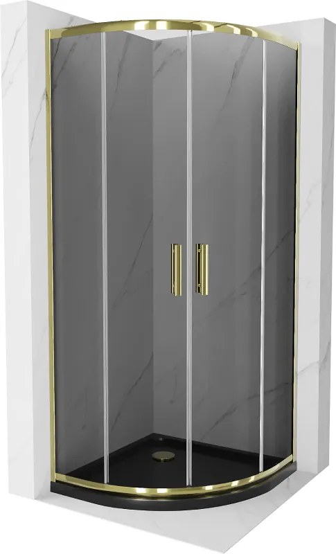 Mexen Rio, štvrťkruhový sprchovací kút s posuvnými dverami 90(dvere) x 90(dvere) x 190 cm, 6mm šedé sklo, zlatý profil + čierna sprchová vanička SLIM, 863-090-090-50-40-4170G