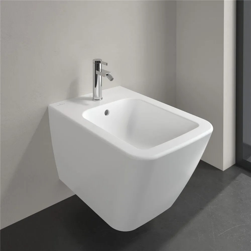 VILLEROY &amp; BOCH Finion závesný bidet s otvorom, s prepadom, 375 x 560 mm, Stone White, s povrchom CeramicPlus, 446500RW