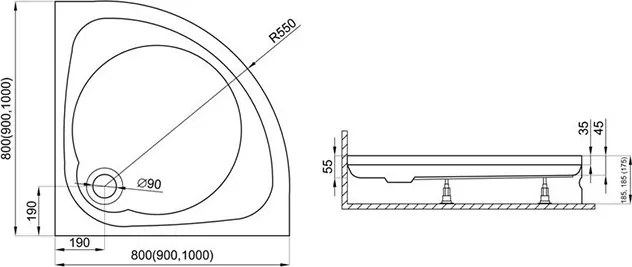 Polimat Štvrťkruhová akrylátová sprchová vanička New Style 2 80x80 (90x90, 100x100) POLIMAT-Farba: Biela, POLIMAT-Rozmery: 100x100
