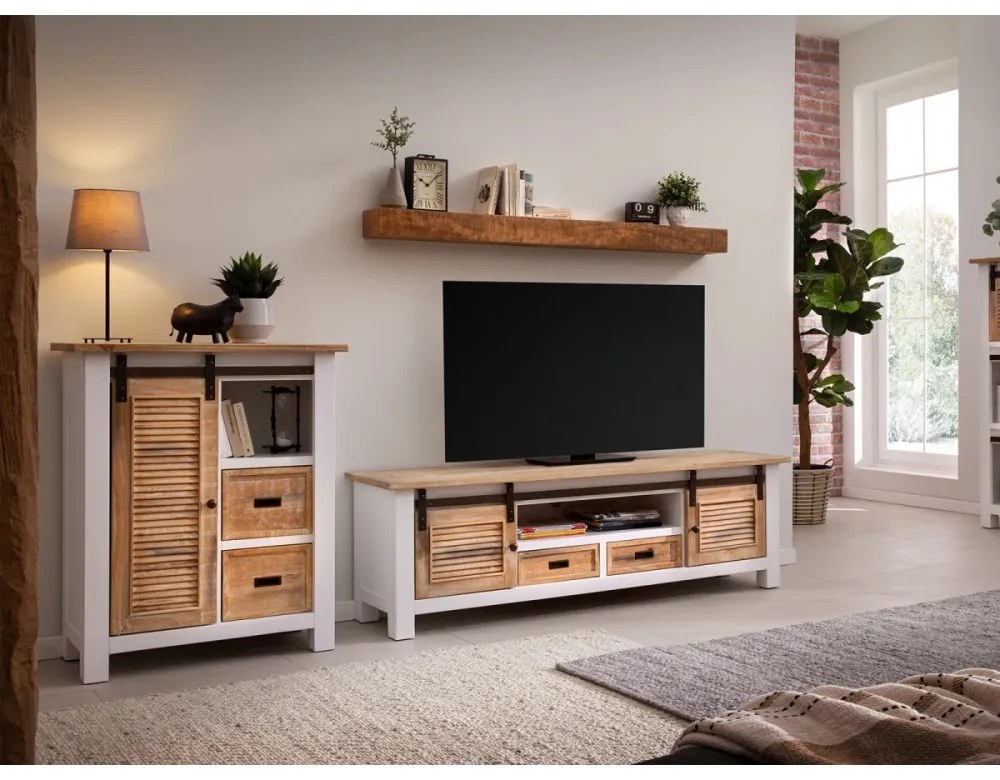 furniture-nabytek.cz - Masívna komoda Capera z borovicového dreva a MDF, lakovaná, biela s hnedými detailmi