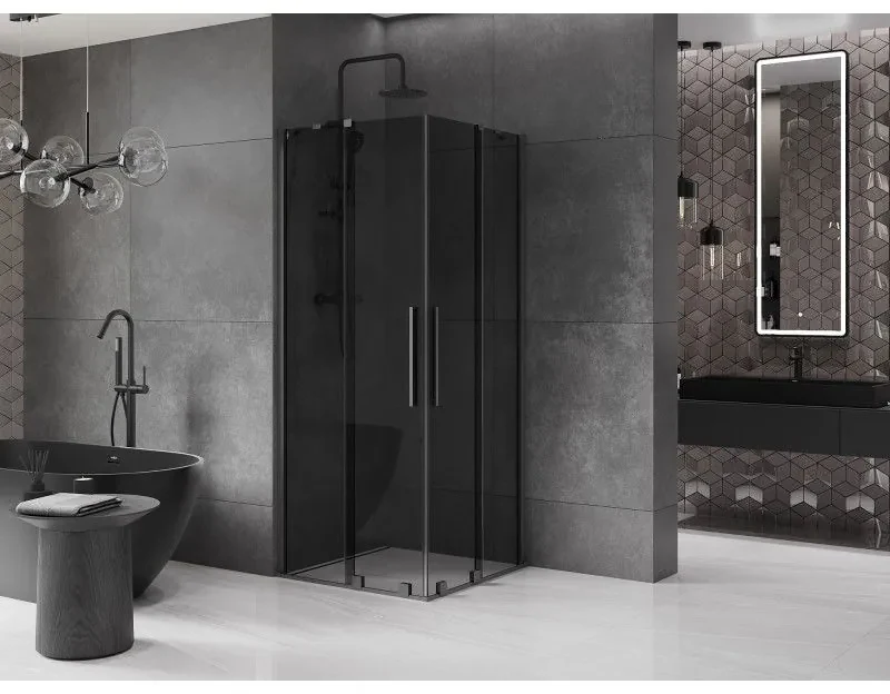 Mexen Velar Duo, sprchový kút s posuvnými dverami 90 x 90 cm, 8mm šedé sklo, brúsený grafit, 871-090-090-42-95